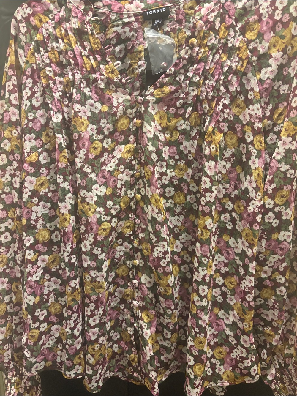 torrid Olive Floral Pintuck Blouse with Pink & Yellow Flowers